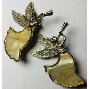 Christmas Angel Trumpet Brooch mother of pearl pin Jewelry Set Of 2